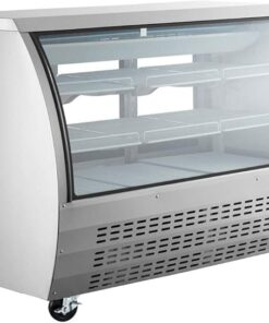 Xiltek 65" All Stainless Steel Deli Display Case with LED Lighting, Curved Glass Refrigerated Meat and Seafood Showcase, Bakery Case and Casters