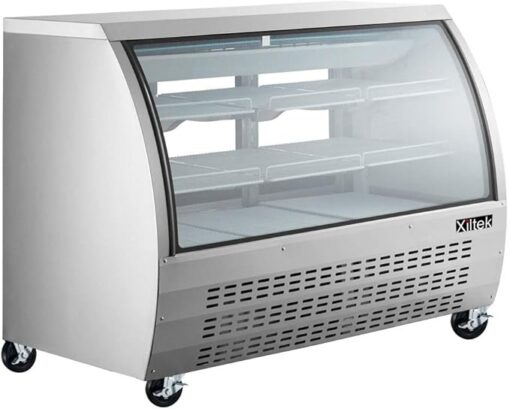Xiltek 65" All Stainless Steel Deli Display Case with LED Lighting, Curved Glass Refrigerated Meat and Seafood Showcase, Bakery Case and Casters