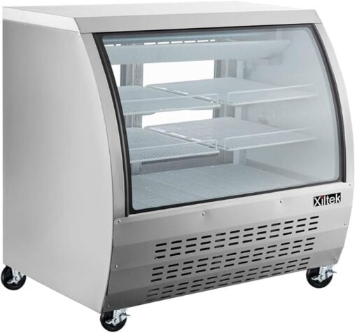Xiltek 48" All Stainless Steel Deli Display Case with LED Lighting, Curved Glass Refrigerated Meat and Seafood Showcase, Bakery Case and Casters