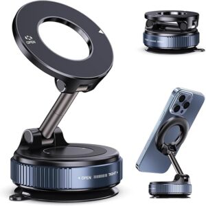 Vacuum Magnetic Suction Phone Holder, Foldable and Retractable Hands-Free Suction Cup Phone Mount for Car/Gym/Mirror/Smooth Surface, Compatible with iPhone Android and All Smartphones (Black)