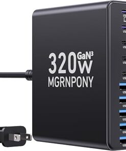 320W USB C Charger Block, 10-Port USB C Charging Station GaN III PD 65W PC Laptop Fast Charger Adapter for MacBook Pro/Air, DELL, iPad, iPhone, Samsung Galaxy Black