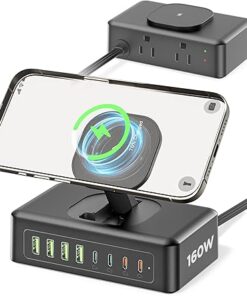 160W USB Charging Station Power Strip, 11-in-1 USB C Charger Block, 2AC Outlets with 8USB Ports(4USB-C), 5FT Flat Plug Extension Cord, Fast Charging Desktop Charger for Home Office Dorm Room, Black