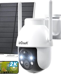 ieGeek Security Cameras Wireless Outdoor, 2K Solar WiFi Camera for Home Security System, Battery Powered Surveillance Cam with Solar Panel, 360° PTZ Color Night Vision, Motion Sensor, Works with Alexa