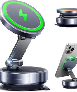 Magnetic Phone Charging Holder Mount for Car, 360° Vacuum Magnetic Phone Holder, Qi1 15W Fast Wireless Charger for car, Foldable Suction Cup Phone Mount for Magsafe for Gym/Mirror for iPhone&Android