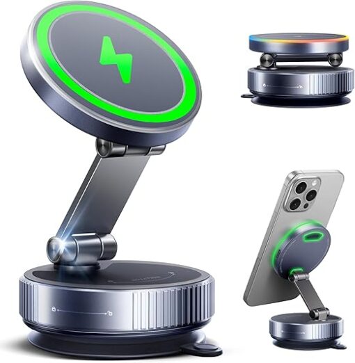 Magnetic Phone Charging Holder Mount for Car, 360° Vacuum Magnetic Phone Holder, Qi1 15W Fast Wireless Charger for car, Foldable Suction Cup Phone Mount for Magsafe for Gym/Mirror for iPhone&Android